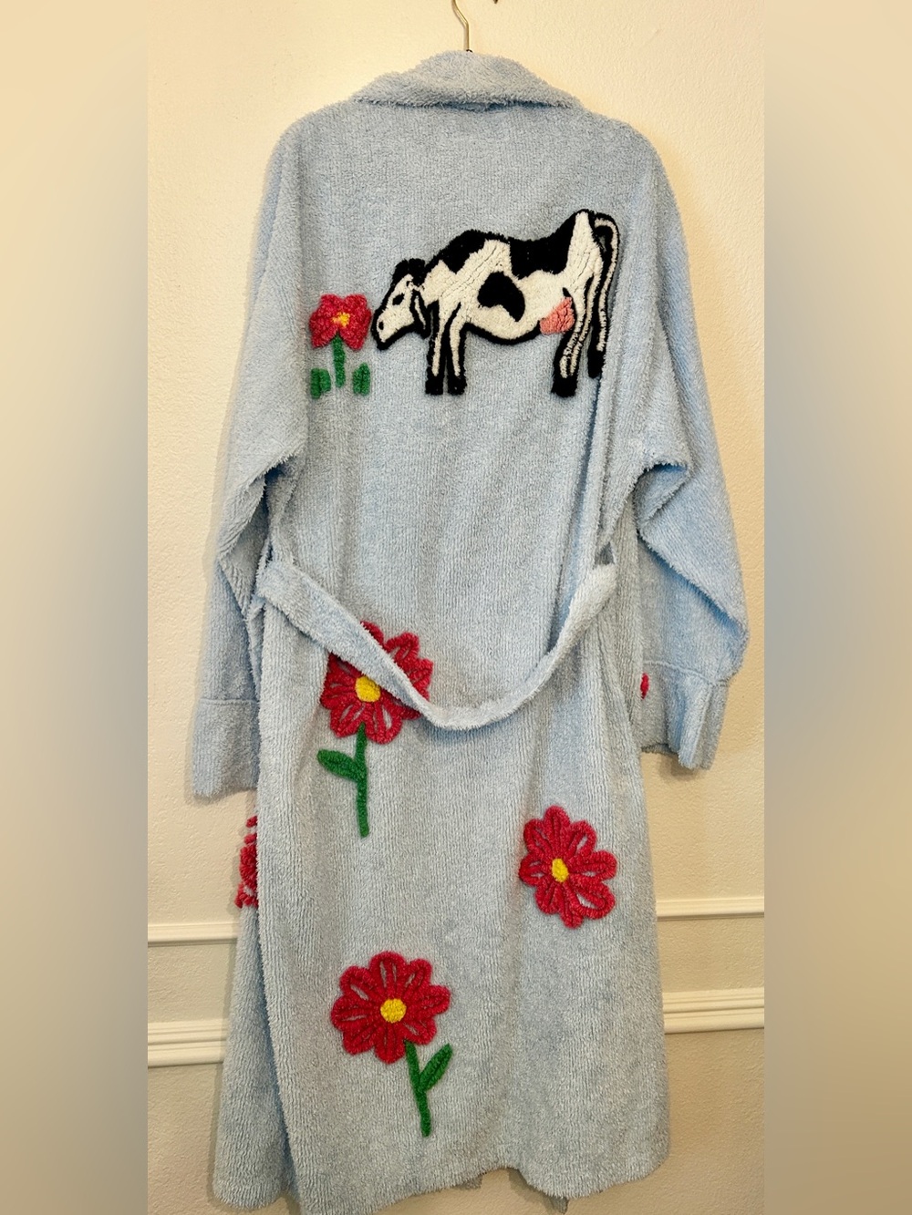 Vintage Canyon Group Blue Chenille Robe Flowers Cow Size XL